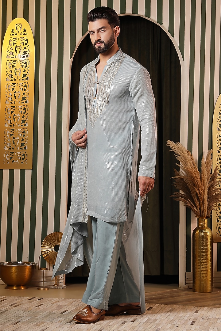 Ice Blue Sequins Georgette Mirror Work Kurta Set For Boys by Soniya G KIDS at Pernia's Pop Up Shop