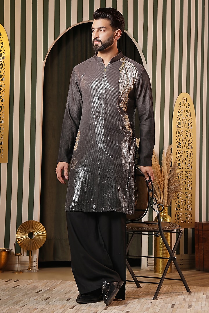 Midnight Black Georgette Embroidered Kurta Set For Boys by Soniya G KIDS at Pernia's Pop Up Shop