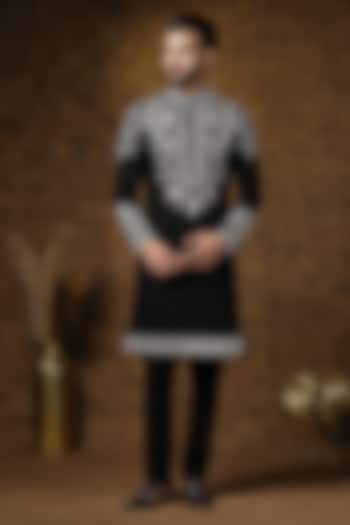 Black Japanese Fabric Embroidered Kurta Set For Boys by Soniya G KIDS at Pernia's Pop Up Shop