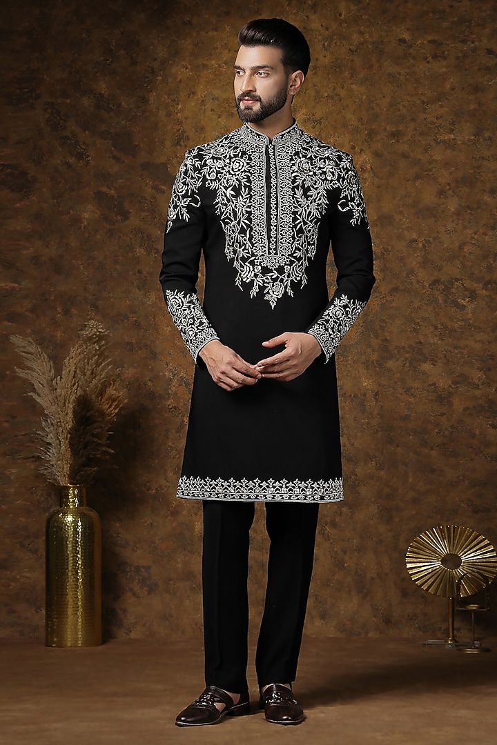 Black Japanese Fabric Embroidered Kurta Set For Boys by Soniya G KIDS at Pernia's Pop Up Shop