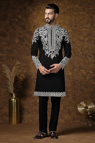 Black Japanese Fabric Embroidered Kurta Set For Boys by Soniya G KIDS