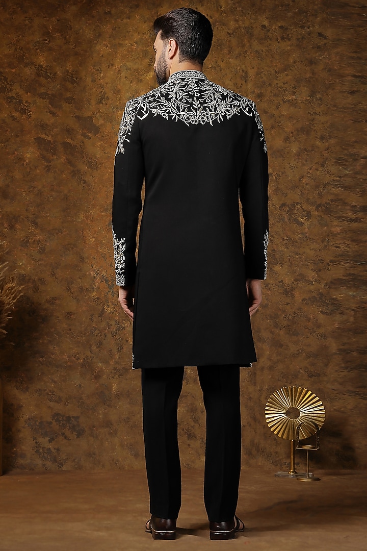 Black Japanese Fabric Embroidered Kurta Set For Boys by Soniya G KIDS at Pernia's Pop Up Shop
