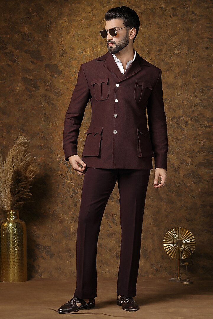 Wine Cotrise Jacket Set For Boys by Soniya G KIDS at Pernia's Pop Up Shop