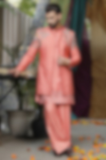 Pink Handloom Silk Floral Embroidered Long Jacket Set For Boys by Soniya G KIDS at Pernia's Pop Up Shop