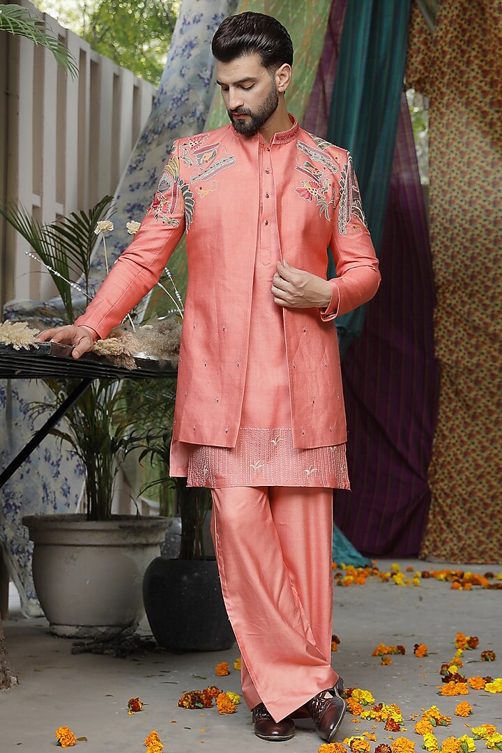 Pink Handloom Silk Floral Embroidered Long Jacket Set For Boys by Soniya G KIDS at Pernia's Pop Up Shop