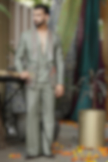 Sage Green Handloom Silk Hand Embroidered Jacket Set For Boys by Soniya G KIDS at Pernia's Pop Up Shop