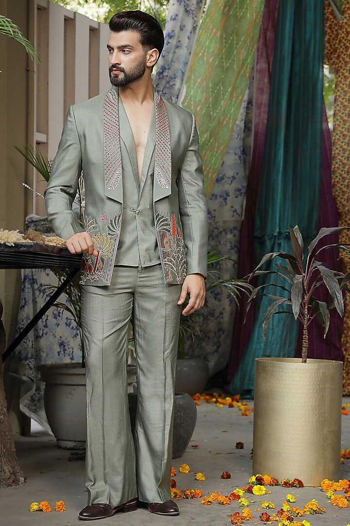 Sage Green Handloom Silk Hand Embroidered Jacket Set For Boys by Soniya G KIDS at Pernia's Pop Up Shop