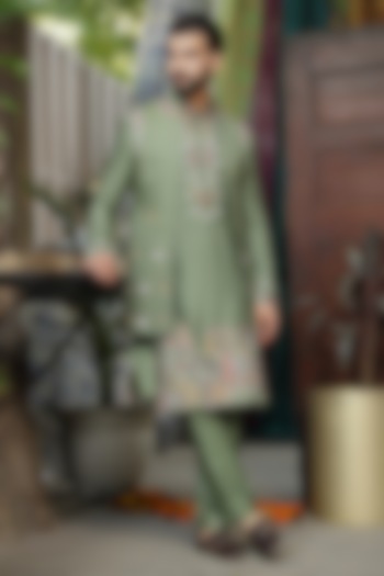 Green Handloom Silk Threadwork Indowestern Jacket Set For Boys by Soniya G KIDS at Pernia's Pop Up Shop