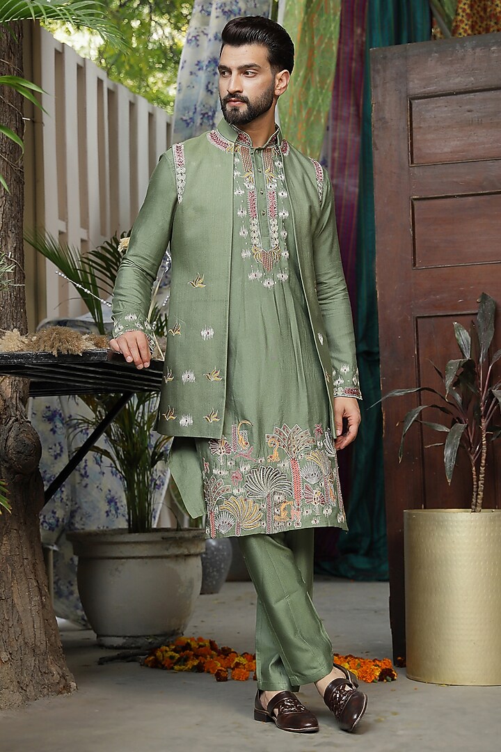 Green Handloom Silk Threadwork Indowestern Jacket Set For Boys by Soniya G KIDS at Pernia's Pop Up Shop