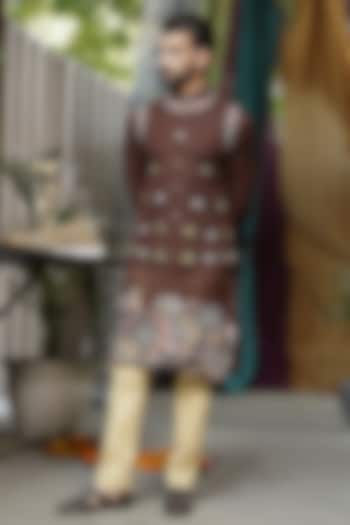 Deep Brown Handloom Silk Thread Embroidered Bundi Jacket Set For Boys by Soniya G KIDS at Pernia's Pop Up Shop