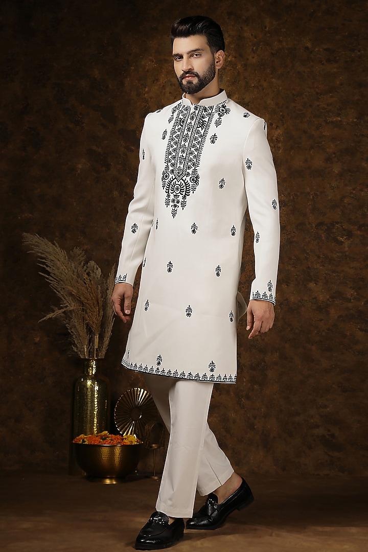Ivory Japanese Fabric Embroidered Kurta Set For Boys by Soniya G KIDS at Pernia's Pop Up Shop