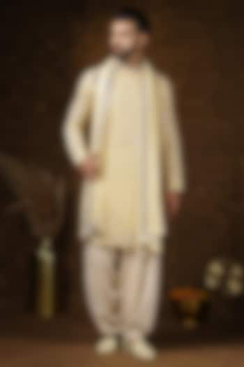 Light Yellow Georgette Stone Embellished Kurta Set For Boys by Soniya G KIDS at Pernia's Pop Up Shop