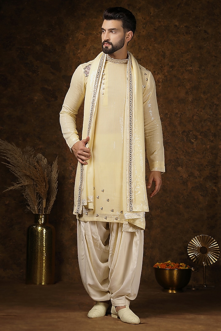 Light Yellow Georgette Stone Embellished Kurta Set For Boys by Soniya G KIDS at Pernia's Pop Up Shop