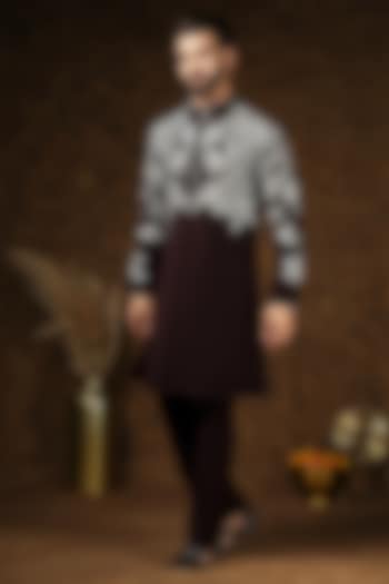 Brown Japanese Fabric Threadwork Kurta Set For Boys by Soniya G KIDS at Pernia's Pop Up Shop