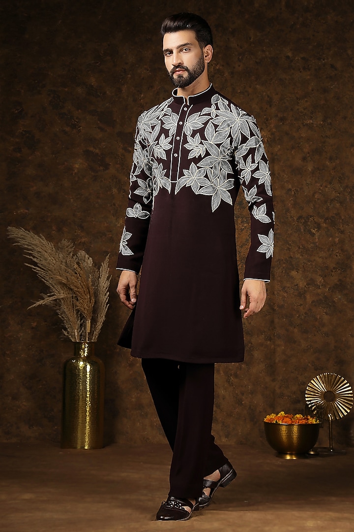 Brown Japanese Fabric Threadwork Kurta Set For Boys by Soniya G KIDS at Pernia's Pop Up Shop