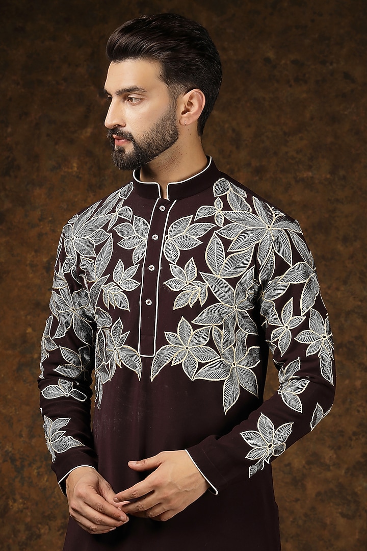 Brown Japanese Fabric Threadwork Kurta Set For Boys by Soniya G KIDS at Pernia's Pop Up Shop