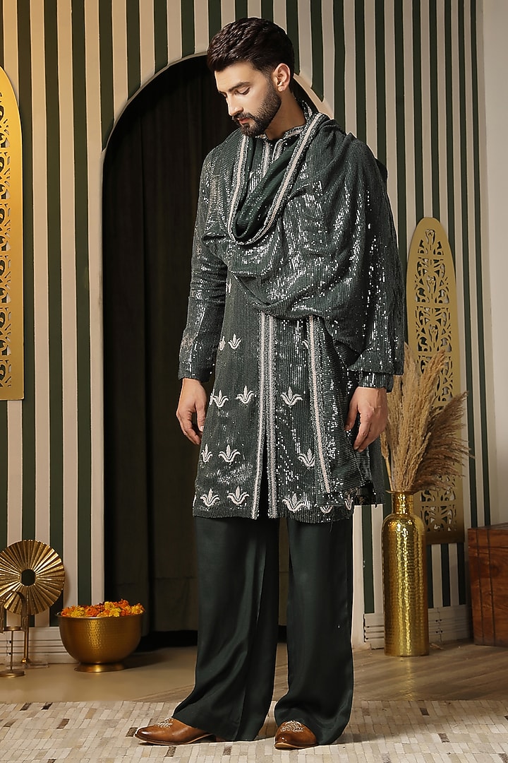 Deep Forest Green Georgette Embroidered Kurta Set For Boys by Soniya G KIDS at Pernia's Pop Up Shop