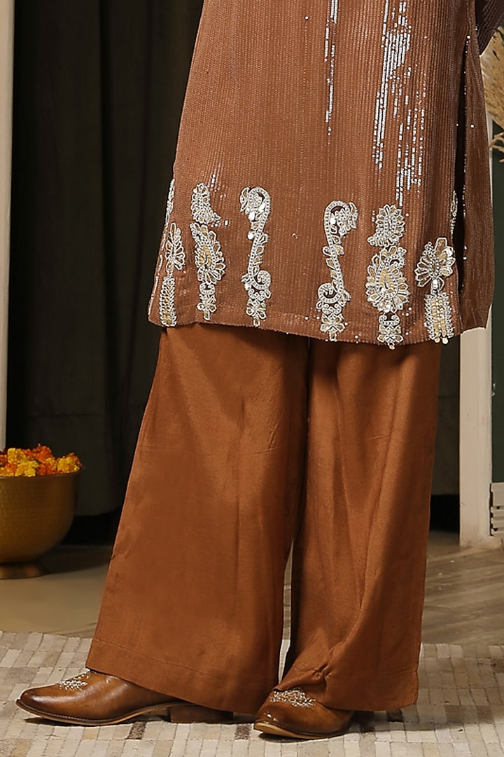Bronze Gold Georgette Hand Embroidered Kurta Set For Boys by Soniya G KIDS at Pernia's Pop Up Shop