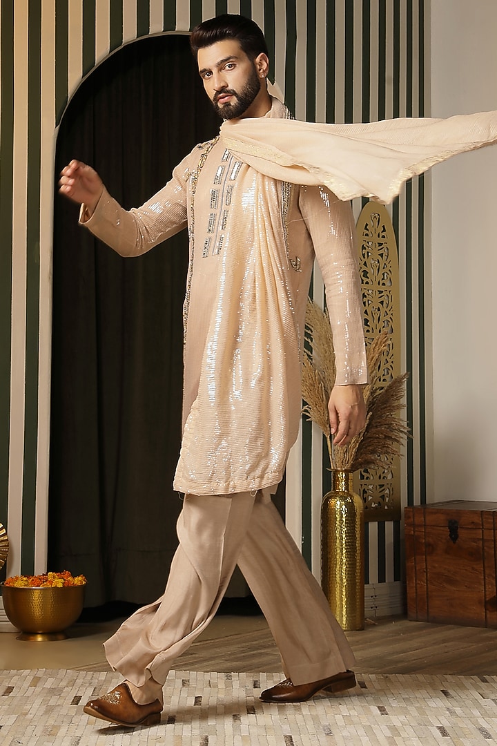Ivory-Beige Georgette Embroidered Kurta Set For Boys by Soniya G KIDS at Pernia's Pop Up Shop