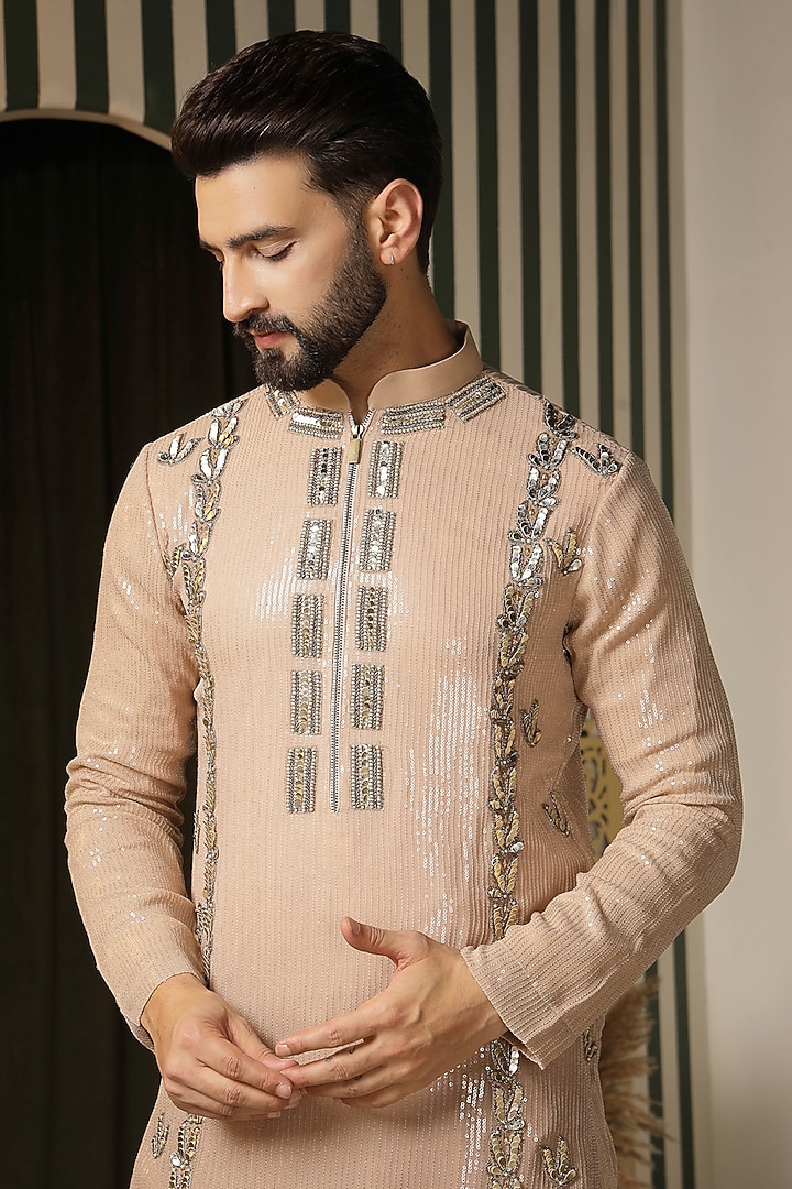 Ivory-Beige Georgette Embroidered Kurta Set For Boys by Soniya G KIDS at Pernia's Pop Up Shop