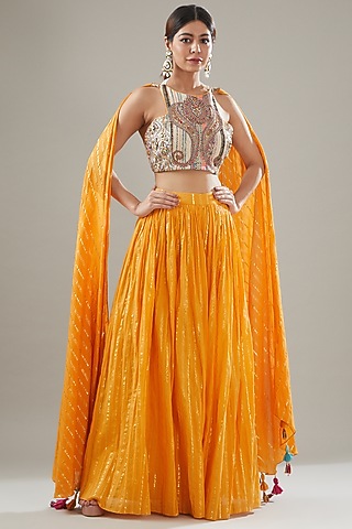 Yellow Handmade Cotton Lehenga Set For Girls by Soniya G KIDS