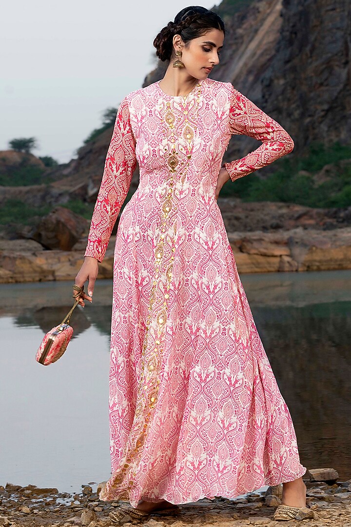 Baby Pink Silk Printed Anarkali Set For Girls by Soniya G KIDS at Pernia's Pop Up Shop