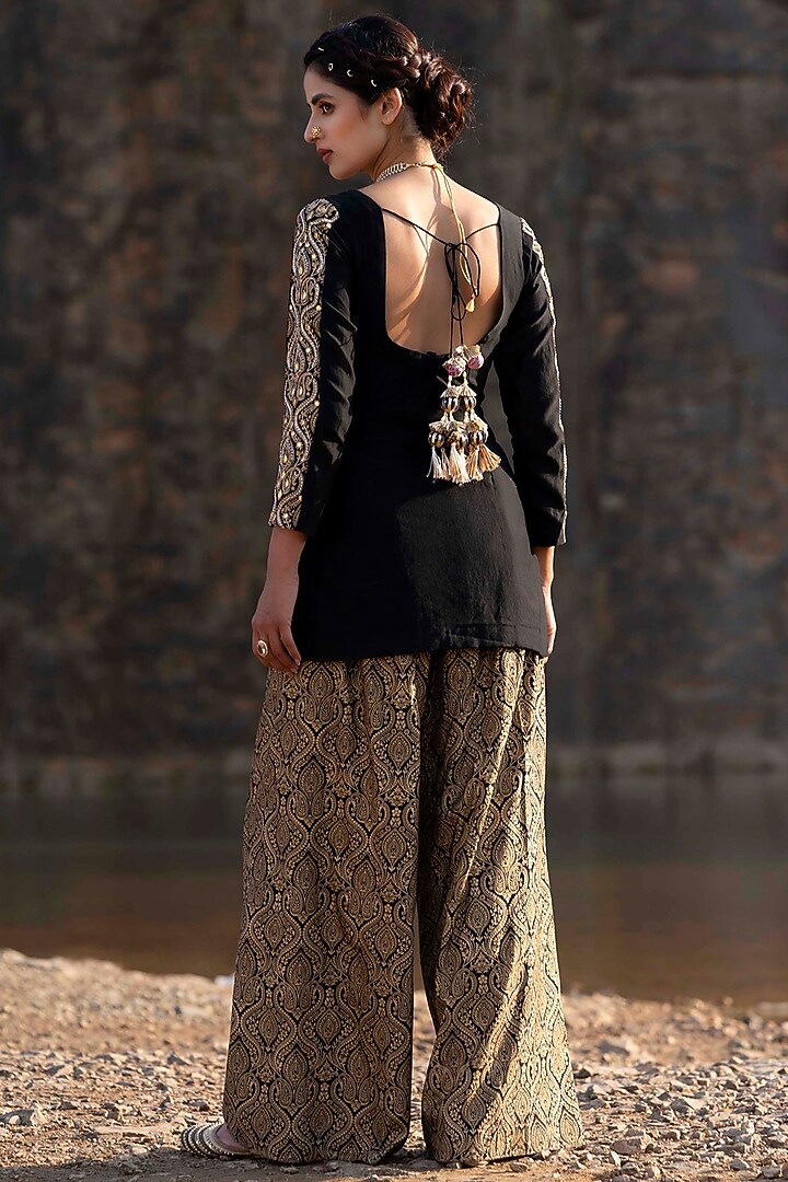 Black Brocade Silk Kurta Set For Girls by Soniya G KIDS at Pernia's Pop Up Shop