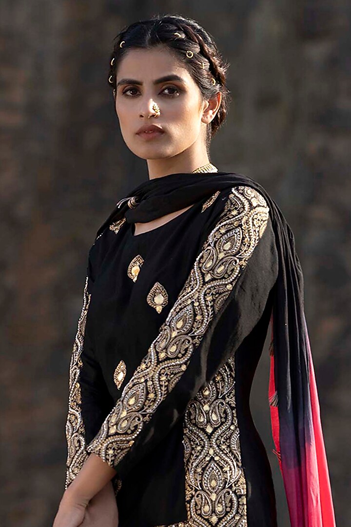 Black Brocade Silk Kurta Set For Girls by Soniya G KIDS at Pernia's Pop Up Shop