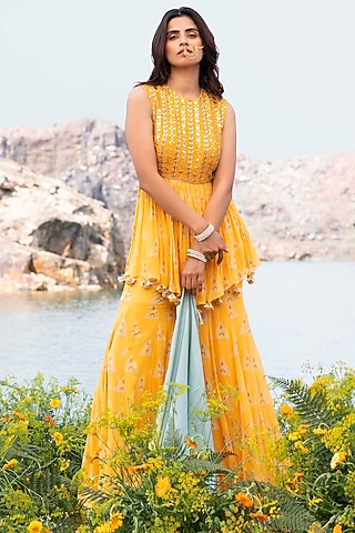 Yellow Organza Sharara Set For Girls by Soniya G KIDS