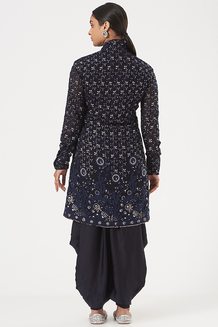 Dark Navy Blue Georgette Lucknowi Kurta Set For Girls by Soniya G KIDS at Pernia's Pop Up Shop
