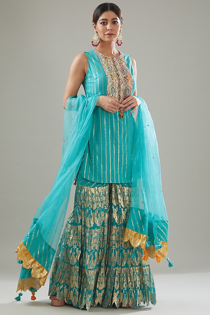 Blue Handmade Cotton Foil Printed Sharara Set For Girls by Soniya G KIDS at Pernia's Pop Up Shop