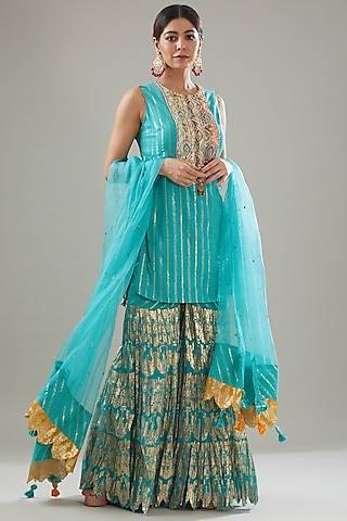 Blue Handmade Cotton Foil Printed Sharara Set For Girls by Soniya G KIDS