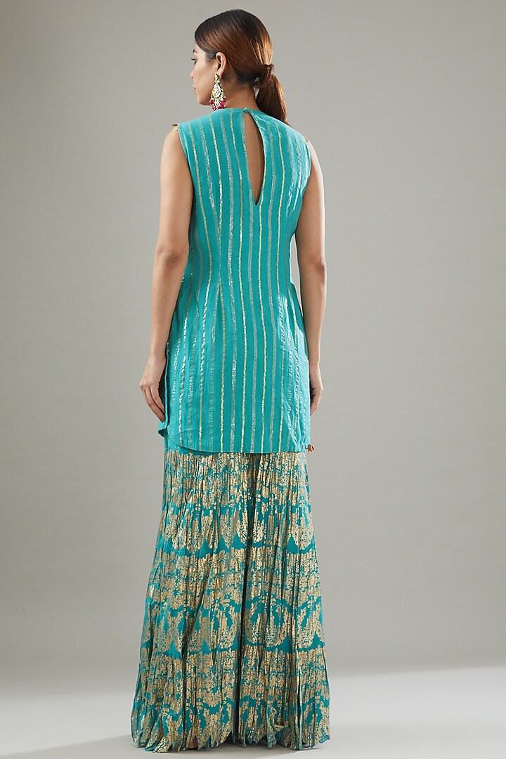 Blue Handmade Cotton Foil Printed Sharara Set For Girls by Soniya G KIDS at Pernia's Pop Up Shop