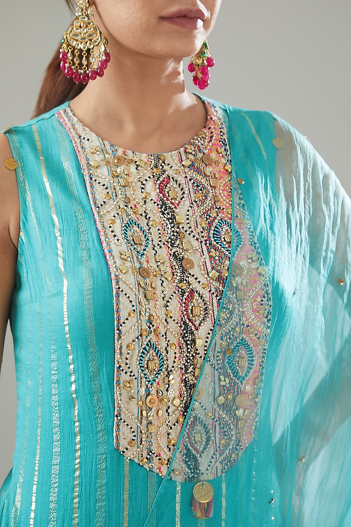 Blue Handmade Cotton Foil Printed Sharara Set For Girls by Soniya G KIDS
