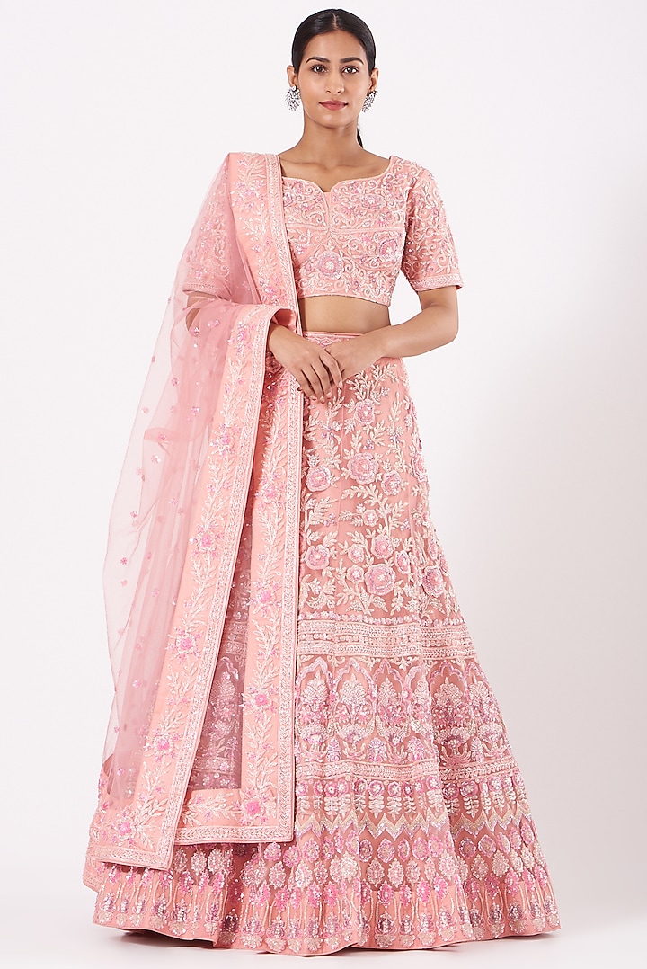 Blush Pink Raw Silk Embroidered Lehenga Set For Girls by Soniya G KIDS at Pernia's Pop Up Shop