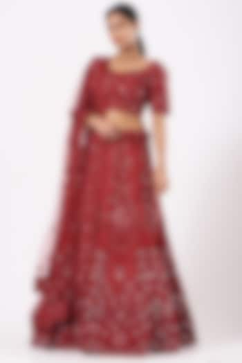 Burnt Red Raw Silk Embroidered Lehenga Set For Girls by Soniya G KIDS