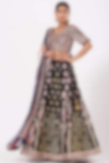 Dark Navy Blue Velvet Embroidered Lehenga Set For Girls by Soniya G KIDS at Pernia's Pop Up Shop