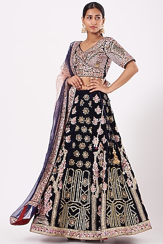 Dark Navy Blue Velvet Embroidered Lehenga Set For Girls by Soniya G KIDS