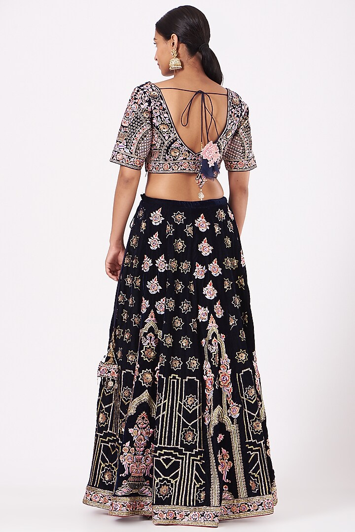 Dark Navy Blue Velvet Embroidered Lehenga Set For Girls by Soniya G KIDS at Pernia's Pop Up Shop