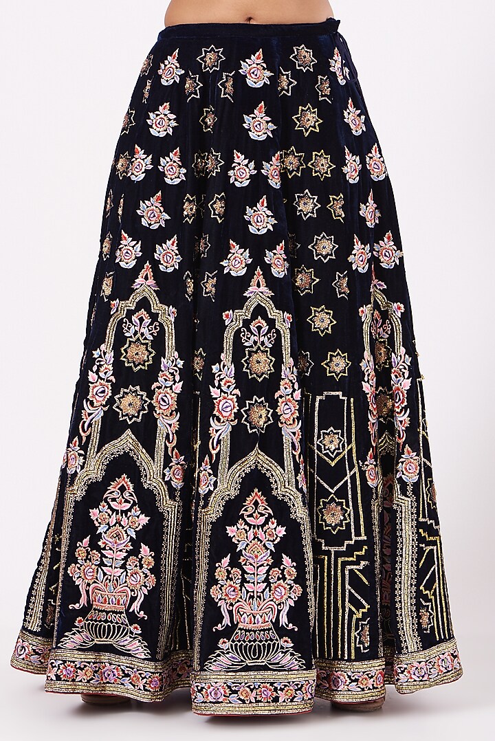 Dark Navy Blue Velvet Embroidered Lehenga Set For Girls by Soniya G KIDS at Pernia's Pop Up Shop