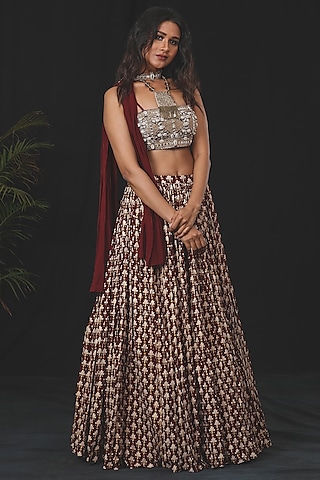 Maroon Georgette Printed Skirt Set For Girls by Soniya G KIDS