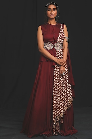 Deep Maroon Cotton Silk Skirt Set For Girls by Soniya G KIDS