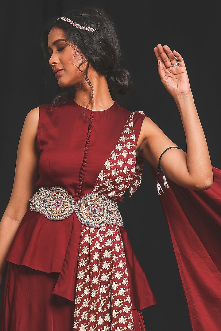 Deep Maroon Cotton Silk Skirt Set For Girls by Soniya G KIDS at Pernia's Pop Up Shop