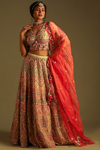 Off-White Georgette Printed & Embroidered Lehenga Set For Girls by Soniya G KIDS