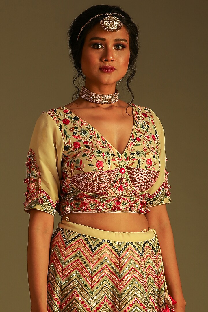 Off-White Georgette Printed & Embroidered Lehenga Set For Girls by Soniya G KIDS at Pernia's Pop Up Shop