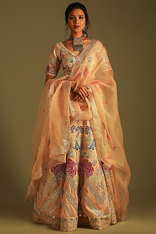 Butter Yellow Silk Embroidered & Printed Lehenga Set For Girls by Soniya G KIDS