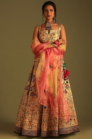 Banana Yellow Silk Embroidered & Printed Lehenga Set For Girls by Soniya G KIDS