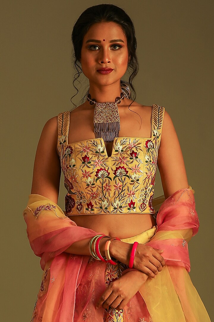 Banana Yellow Silk Embroidered & Printed Lehenga Set For Girls by Soniya G KIDS at Pernia's Pop Up Shop