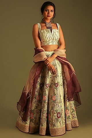 Off-White Silk Embroidered & Printed Lehenga Set For Girls by Soniya G KIDS