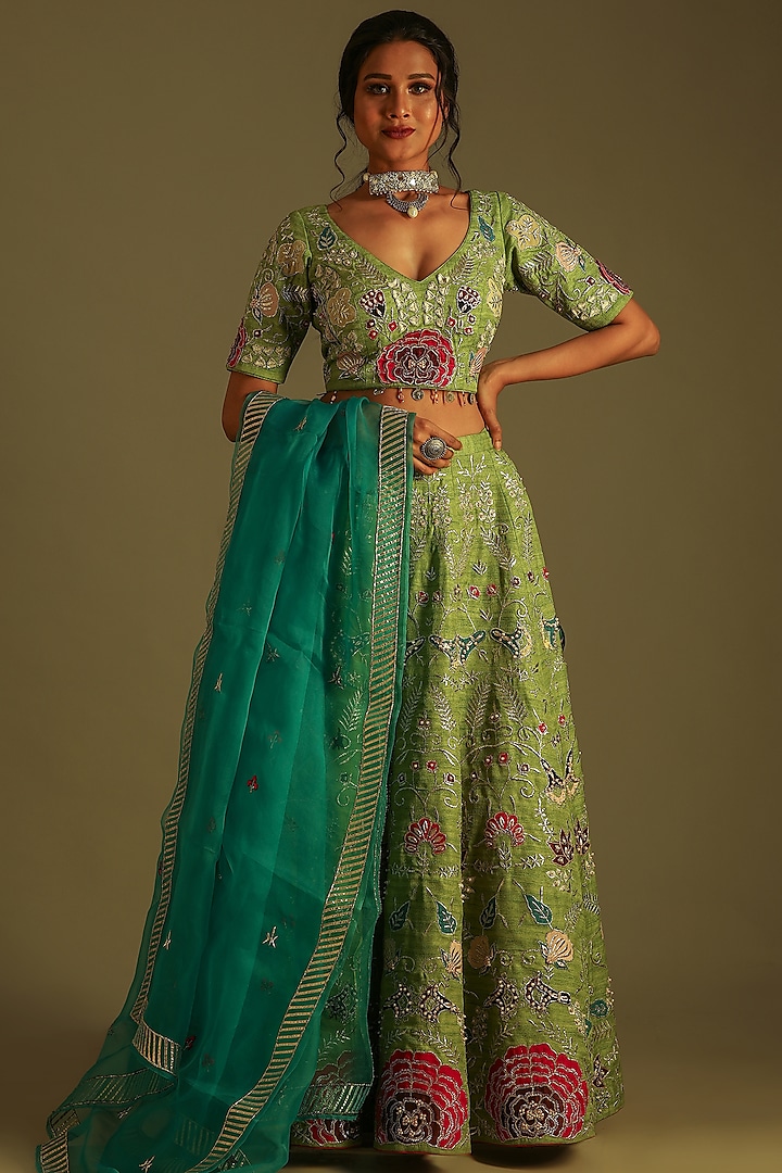 Pastel Green Silk Embroidered & Printed Lehenga Set For Girls by Soniya G KIDS